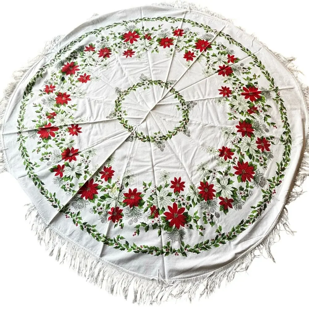 Vintage Christmas tablecloth printed cotton round soft fringe red green festive